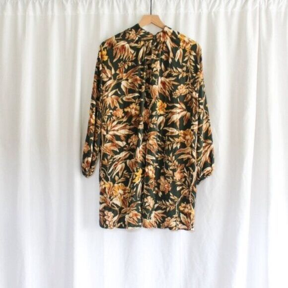 H&M Dark Green Floral Women's Mock Neck Tunic Mini Dress Long Sleeves 8 - Picture 3 of 7
